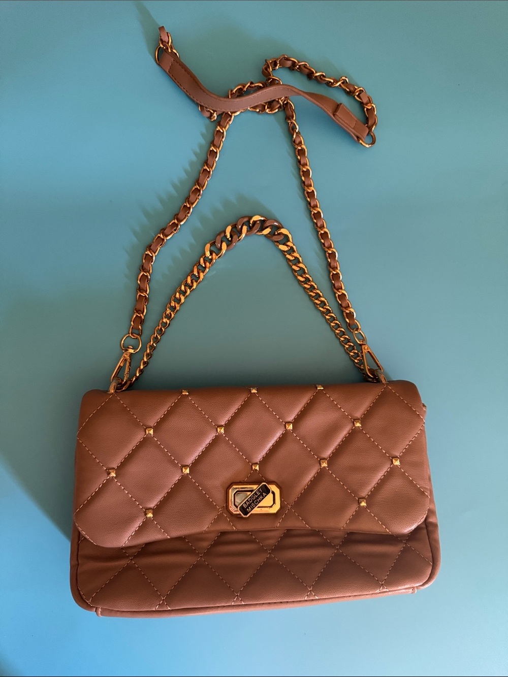 Badgley Mischka Quilted Taupe Crossbody with Gold Chain